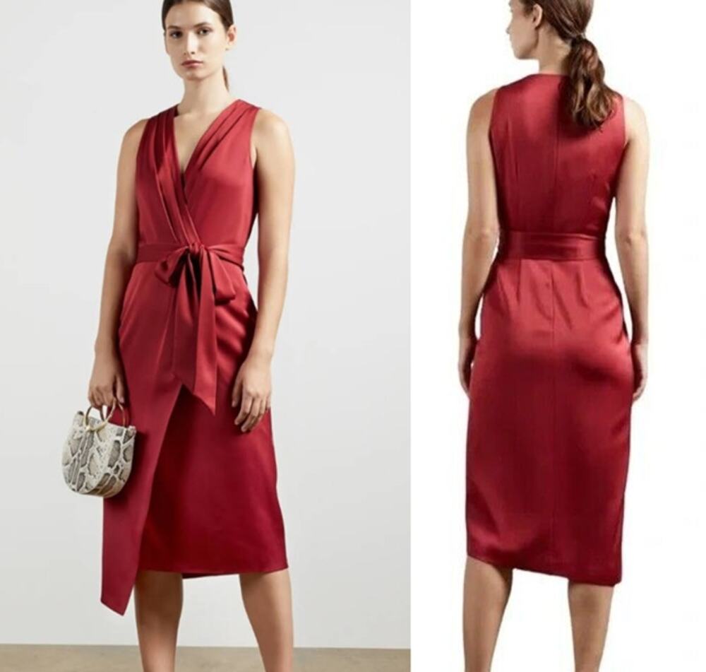 Ted Baker London Chrisey Fixed Wrap Plunge Neck Satin Silky Midi Dress Red NWT